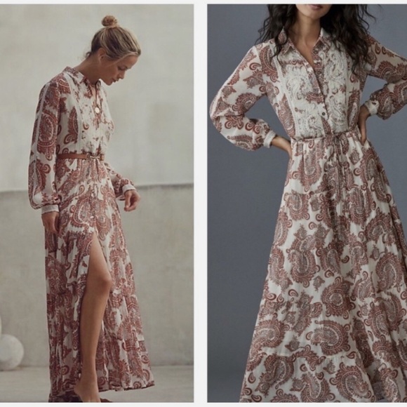 Anthropologie Aleah Allaire Paisley Printed Maxi Dress Cottagecore Lace boho - Picture 2 of 13